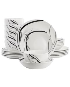 Elama Sarah 24 Piece Porcelain Black Ribbon Double Bowl Dinnerware Set, Service for 6 in White and Black
