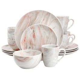 Elama Fine Marble 16 Piece Porcelain Dinnerware Set in Red and Gray